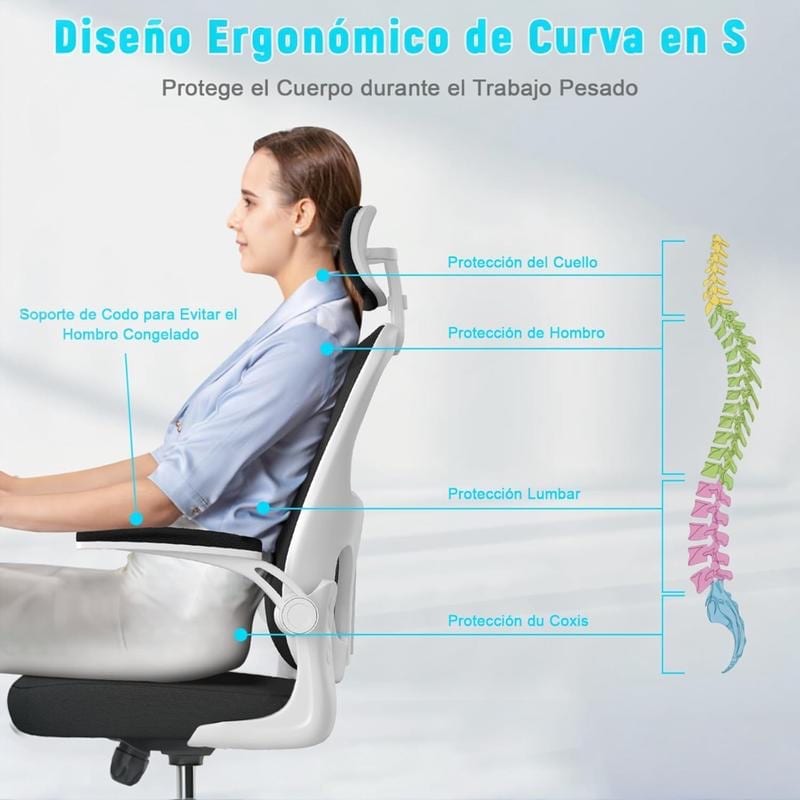 Diseño ergonómico de curva en S con protección de cuello, hombros, zona lumbar y coxis